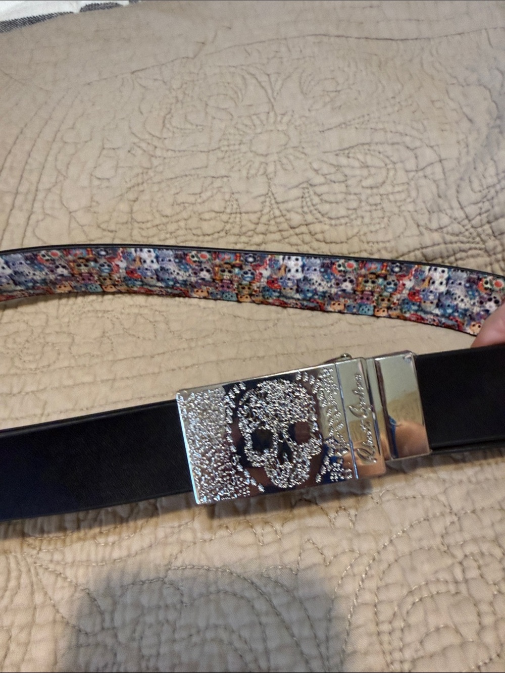 Robert Graham Black Leather Belt with Silver Buckle and Multicolor skulls Lining